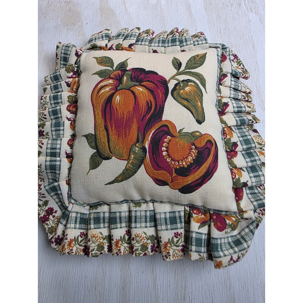 Vintage Cottagecore Ruffle Throw Pillow Bell Pepper Botanical Plaid Farmhouse